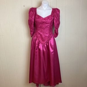 80s Vintage Prom Dress Small Bridesmaid Barbie Pink Lace Satin High Low Hem